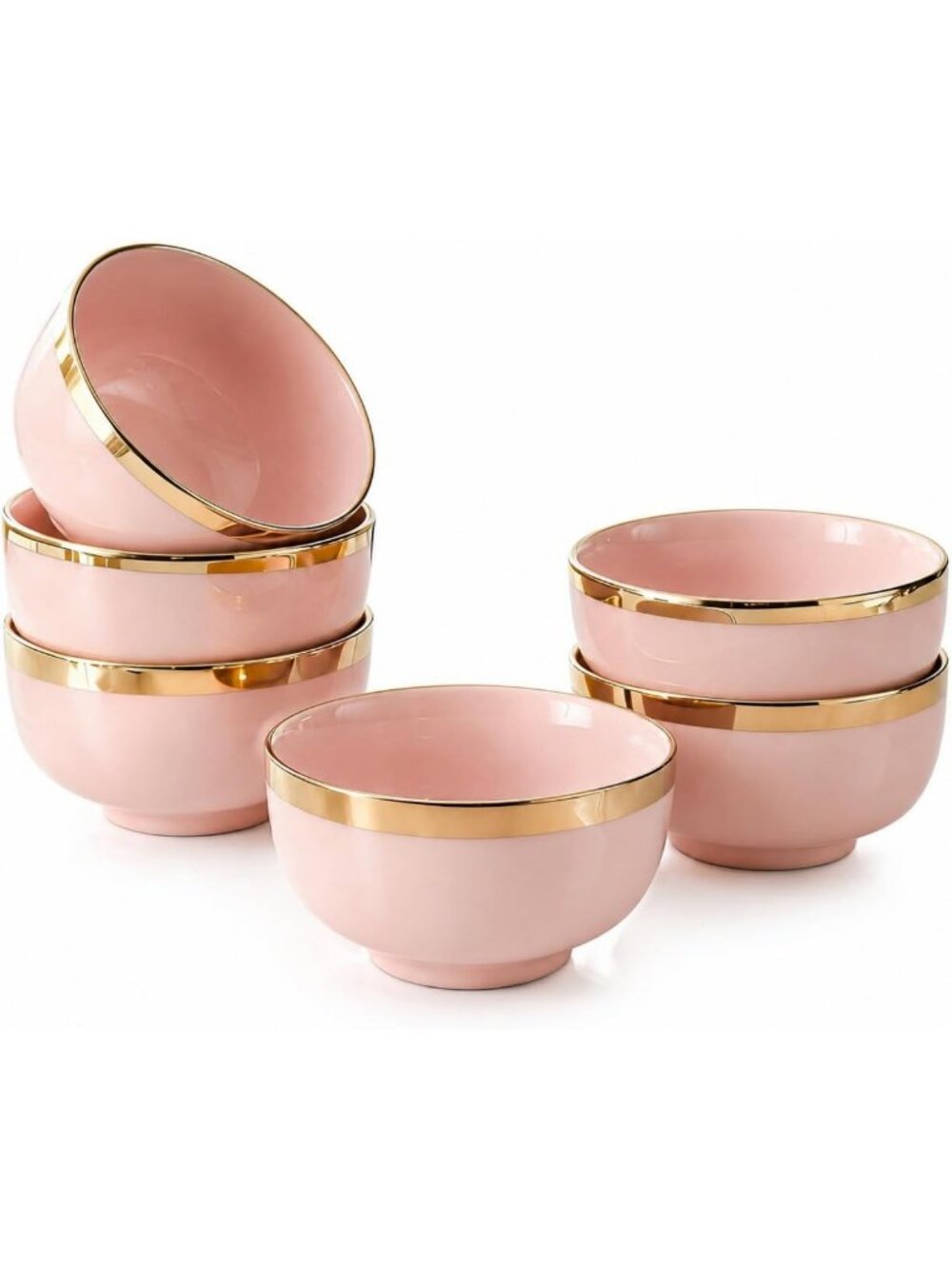 Elegant Pink & Gold Rim Soup Bowls Set of 6 | 20 oz Porcelain Dinnerware